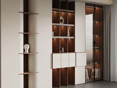 Modern Wooden White Bookcase With Glass Doors Built in Lighting and Decorative Items 3d model