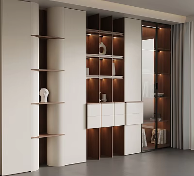 Modern Wooden White Bookcase With Glass Doors Built in Lighting and Decorative Items 3d model