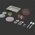 Daily Living Kitchen Utensils With White Tray Plates Glass Cups And Stainless Steel Spoons Forks