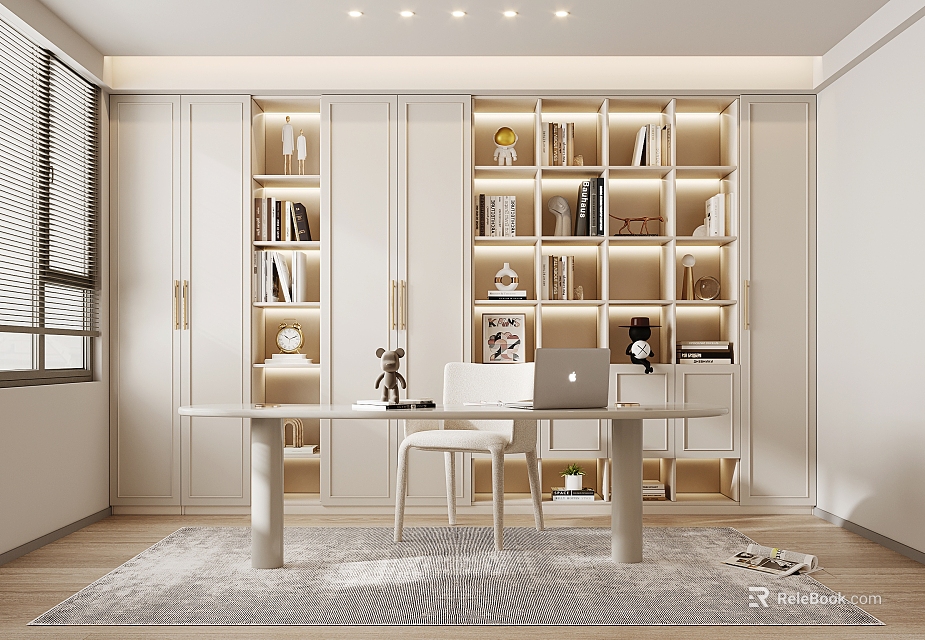 Modern Study Interior With Lit Built In Bookshelves Desk And Chair 3d model 