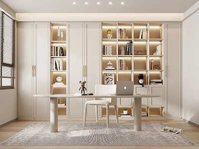 Modern Study Interior With Lit Built In Bookshelves Desk And Chair 3d model