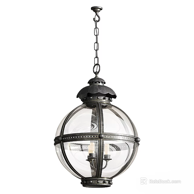 Classic Pendant Light With Black Top Transparent Spherical Glass Shade And Metal Frame Chain 3d model 