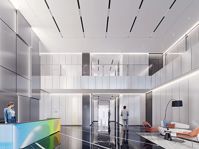 Modern Office Lobby Reception Area With Colorful Counter Female Receptionist Sleek Floor And Glass Railings 3d model