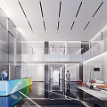 Modern Office Lobby Reception Area With Colorful Counter Female Receptionist Sleek Floor And Glass Railings