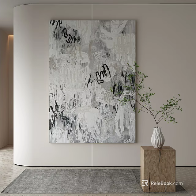 Abstract Painting On Wall With Ceramic Vase And Wooden Stand In Modern Interior 3d model 