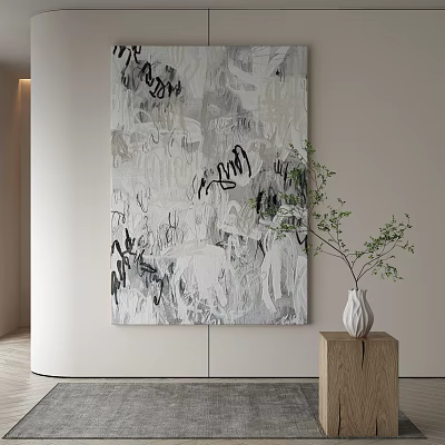 Abstract Painting On Wall With Ceramic Vase And Wooden Stand In Modern Interior 3d model