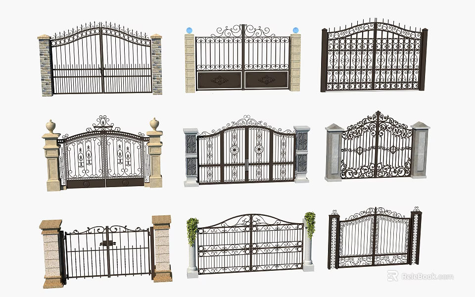Various Wrought Iron Entrance Gates With Decorative Patterns Pillars And Ornate Details 3d model 
