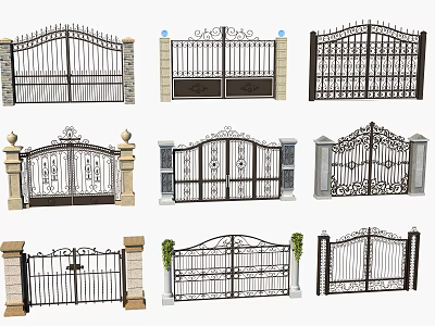Various Wrought Iron Entrance Gates With Decorative Patterns Pillars And Ornate Details 3d model
