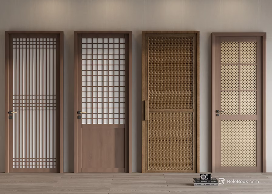 Four Wooden Hinged Doors With Lattice Woven Glass Panel And Slat Design Elements 3d model 