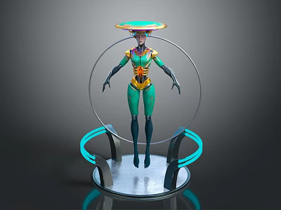 Futuristic Game Movie Character In Green Bodysuit With Yellow Accents And Glowing Transparent Ring Base 3d model