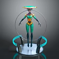 Futuristic Game Movie Character In Green Bodysuit With Yellow Accents And Glowing Transparent Ring Base