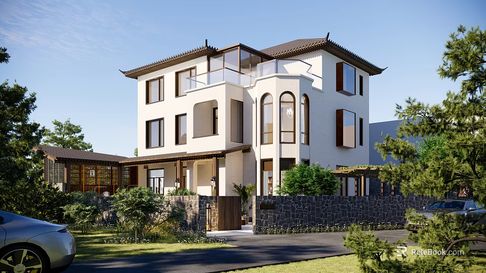 Traditional Style Detached Villa With White Exterior Arched Windows Sloped Roof And Greenery 3d model 
