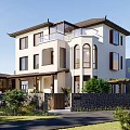 Traditional Style Detached Villa With White Exterior Arched Windows Sloped Roof And Greenery