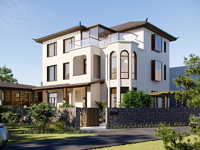 Traditional Style Detached Villa With White Exterior Arched Windows Sloped Roof And Greenery 3d model