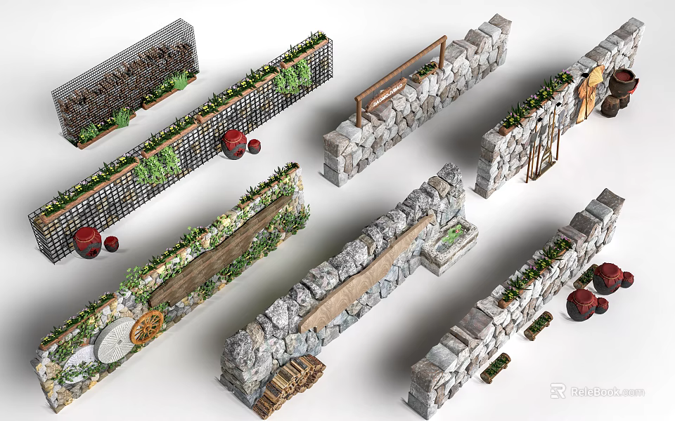 Different Types Of Decorative Garden Fences With Stone Wooden Elements Green Plants And Wine Barrels 3d model 