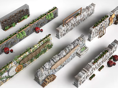 Different Types Of Decorative Garden Fences With Stone Wooden Elements Green Plants And Wine Barrels 3d model