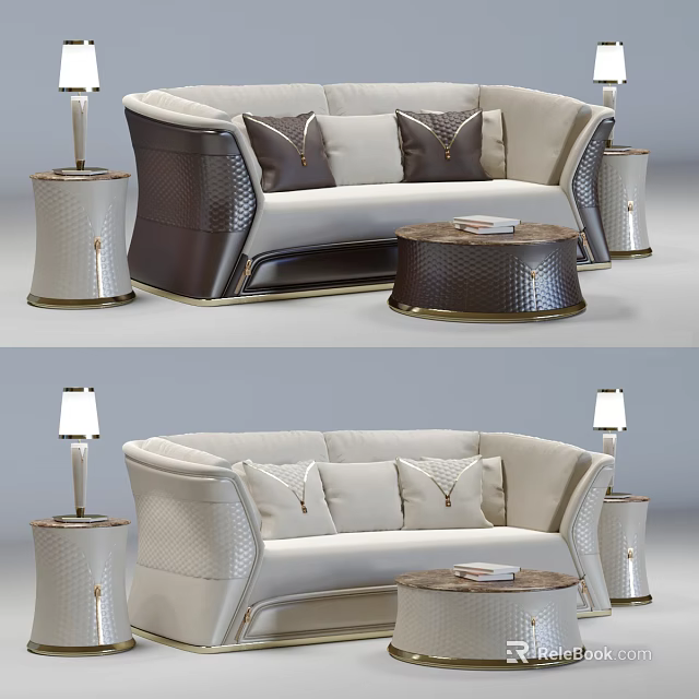 Elegant Modern Three Seater Sofa Design With Beige Upholstery Decorative Pillows And Round Coffee Table 3d model 