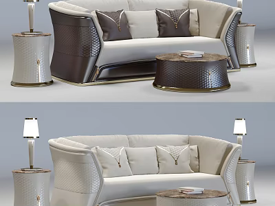 Elegant Modern Three Seater Sofa Design With Beige Upholstery Decorative Pillows And Round Coffee Table 3d model