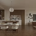 Warm Neutral Vintage Open Plan Living And Dining Room Interior With Chic Natural Wood Furnishings