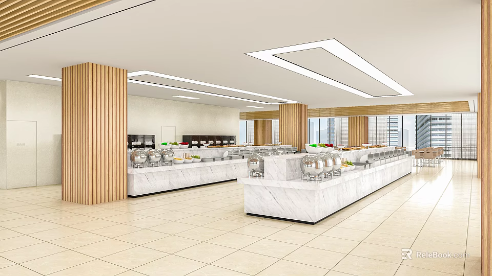 Modern Restaurant Open Layout With Marble Dining Counters And Wooden Columns 3d model