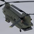 Military Green Twin Rotor Helicopter Flying With Extended Landing Gear And Insignia