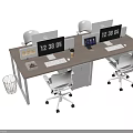 Modern Office Desk Setup with Dual Monitors Keyboards Chairs Coffee Cup and Drawers