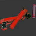 Red Toy Gun With Black Grip And Silver Cylinder Accessory On Dark Surface