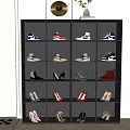 Various Shoes Styles Including Sneakers Heels Boots On Dark Shelf Light Background Checkered Floor
