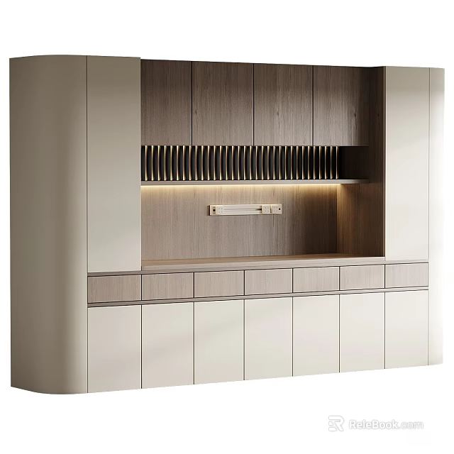 Modern Kitchen Cabinets With Wooden Panels Light Colored Doors And Integrated Lighting 3d model 