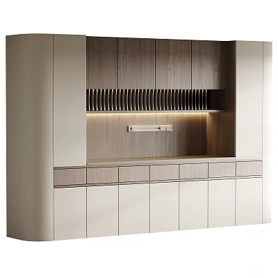 Modern Kitchen Cabinets With Wooden Panels Light Colored Doors And Integrated Lighting 3d model