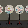 Circular Floral Decorative Ornament Set On Black Red Base Stands For Home Decoration