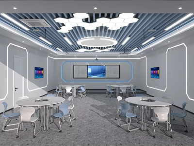 Modern School Classroom Interior With Round Tables Blue Chairs Cloud Decorated Ceiling And Large Screen 3d model