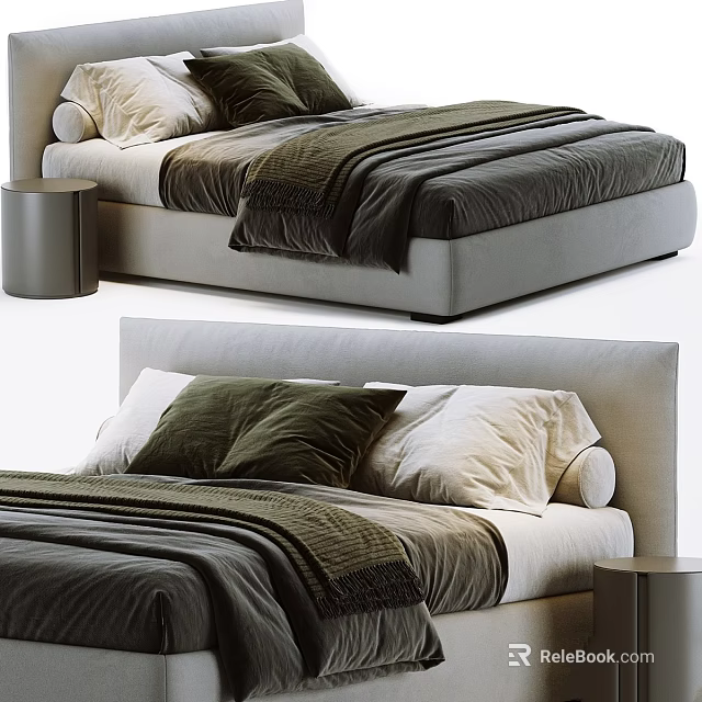 Modern Double Bed With Green Beige Pillows Dark Blanket And Round Bedside Table 3d model 