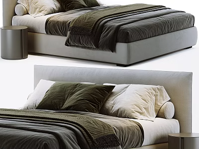 Modern Double Bed With Green Beige Pillows Dark Blanket And Round Bedside Table 3d model