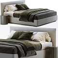 Modern Double Bed With Green Beige Pillows Dark Blanket And Round Bedside Table 3d model