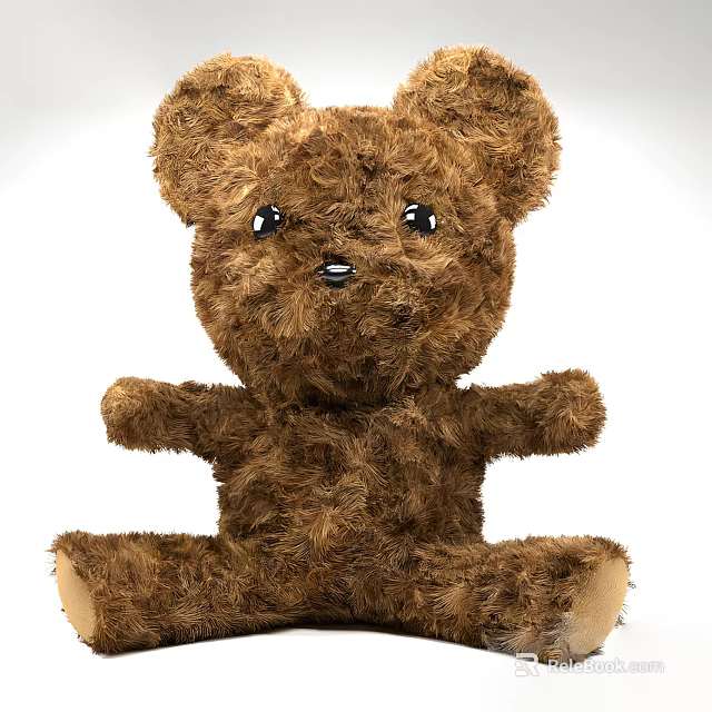 Brown Fluffy Teddy Bear Stuffed Plush Toy with Black Eyes and Sitting Pose 3d model 