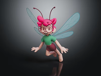 3D Cartoon Character With Pink Hair Glasses Green Top Brown Shorts And Blue Dragonfly Wings 3d model
