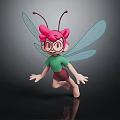 3D Cartoon Character With Pink Hair Glasses Green Top Brown Shorts And Blue Dragonfly Wings
