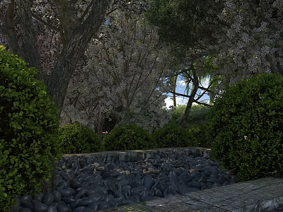 Garden Landscape Featuring Lush Trees Cherry Blossoms Green Shrubs Stone Wall Pebbles and Path 3d model