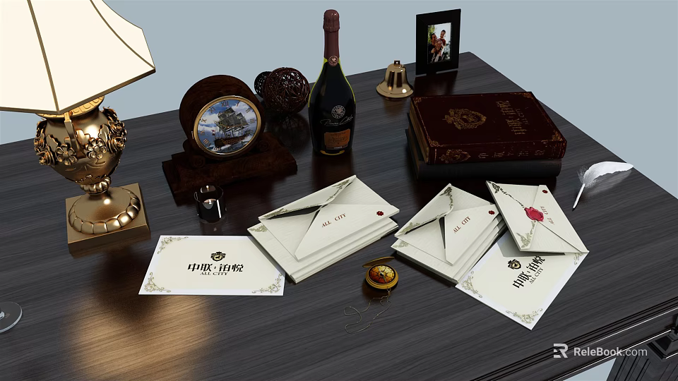 Classic Tabletop Decorative Ornament Set with Lamp Circular Ornament Wine Bottle Hardcover Book and Envelopes 3d model 