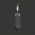 Detailed Metallic Weapon Featuring Double Barreled Structure Orange Grip And Red Liquid At Base