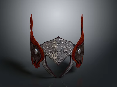 Ornate Metallic Helmet With Silver Base Intricate Carvings Red Feather Accents And Round Gemstones 3d model