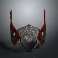 Ornate Metallic Helmet With Silver Base Intricate Carvings Red Feather Accents And Round Gemstones