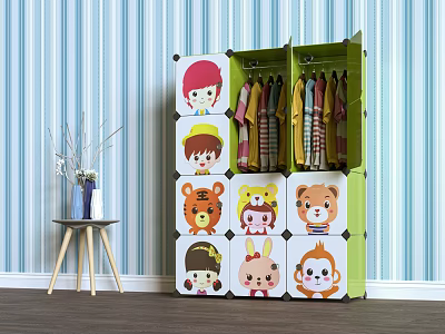 Green And White Children's Assembled Wardrobe With Cartoon Character Designs And Storage Compartments 3d model