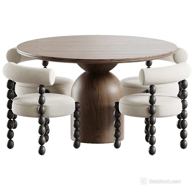 Round Wooden Dining Table Set With Four Light Upholstered Chairs And Black Spherical Legs 3d model 