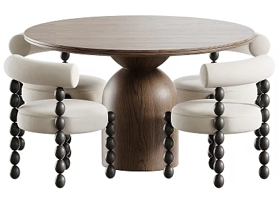 Round Wooden Dining Table Set With Four Light Upholstered Chairs And Black Spherical Legs 3d model