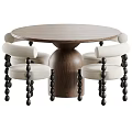 Round Wooden Dining Table Set With Four Light Upholstered Chairs And Black Spherical Legs