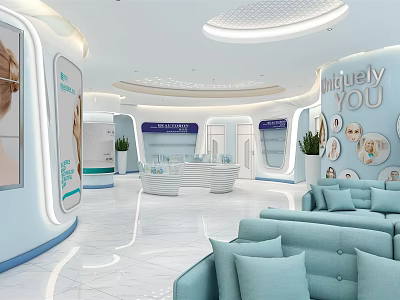 Modern Beauty Hair Salon Interior With Comfortable Seating Reception Desk And Green Plants 3d model