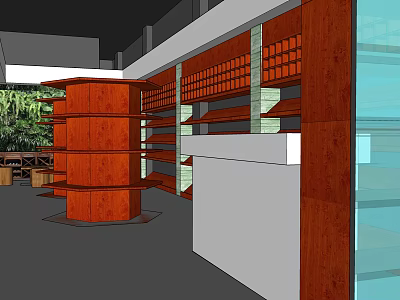Shopping Mall Store With Wooden Circular Display Shelves Wall Racks White Counter And Green Plants 3d model