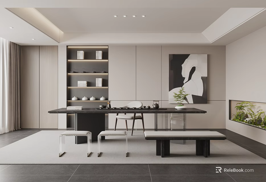 Modern Tea Room Interior With Black Tea Table Stools Bench Display Shelves And Abstract Painting 3d model 